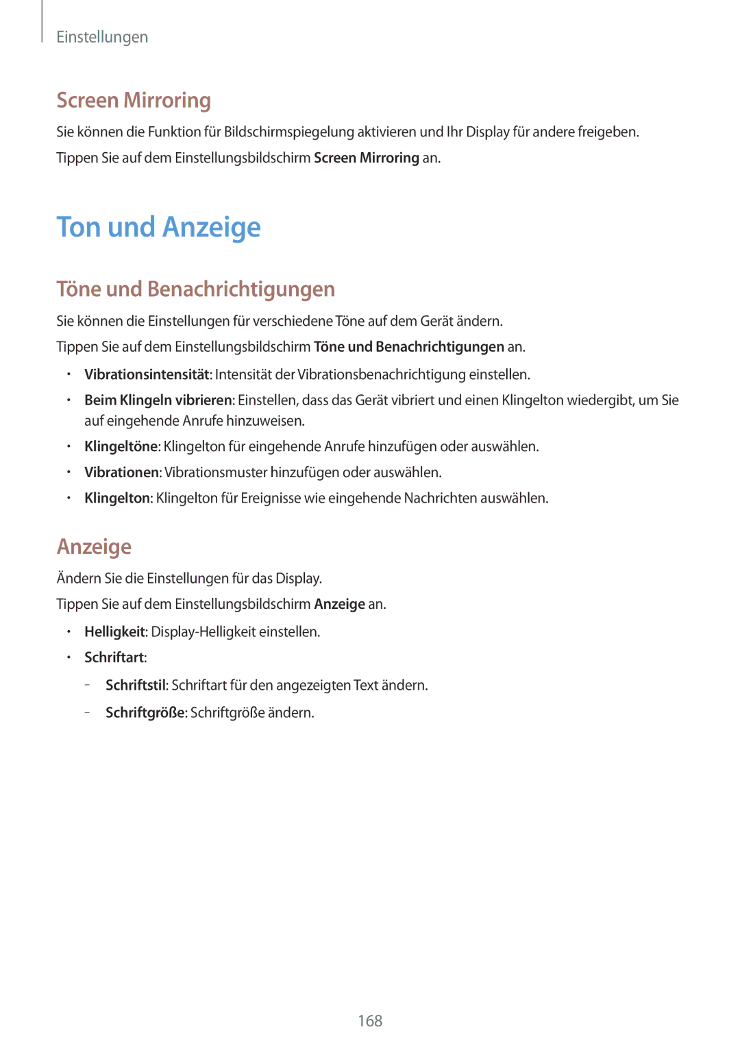 Samsung SM-G901FZWABOG, SM-G901FZKACOS manual Ton und Anzeige, Screen Mirroring, Töne und Benachrichtigungen, Schriftart 
