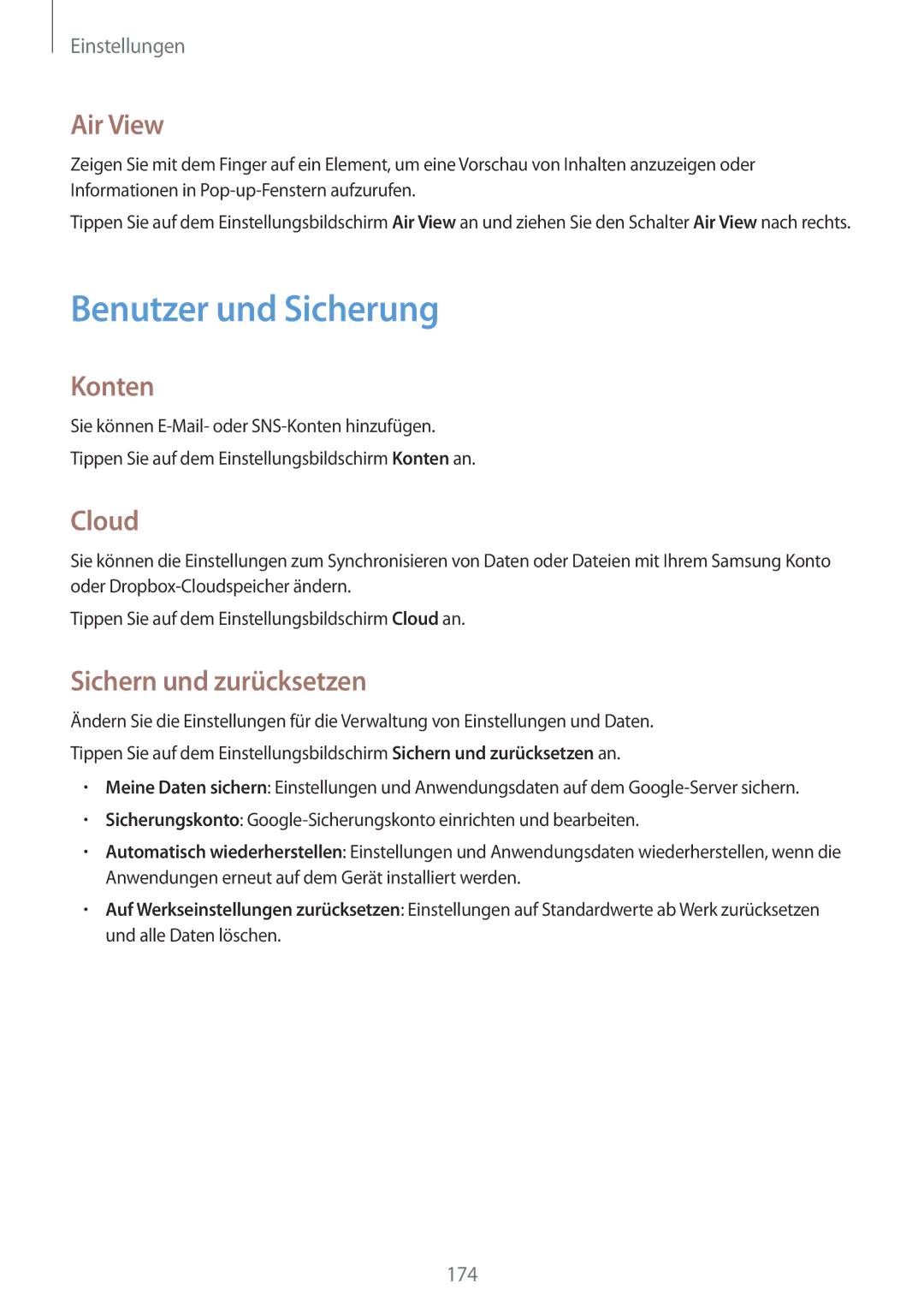 Samsung SM-G901FZKAVGR, SM-G901FZKACOS manual Benutzer und Sicherung, Air View, Konten, Cloud, Sichern und zurücksetzen 