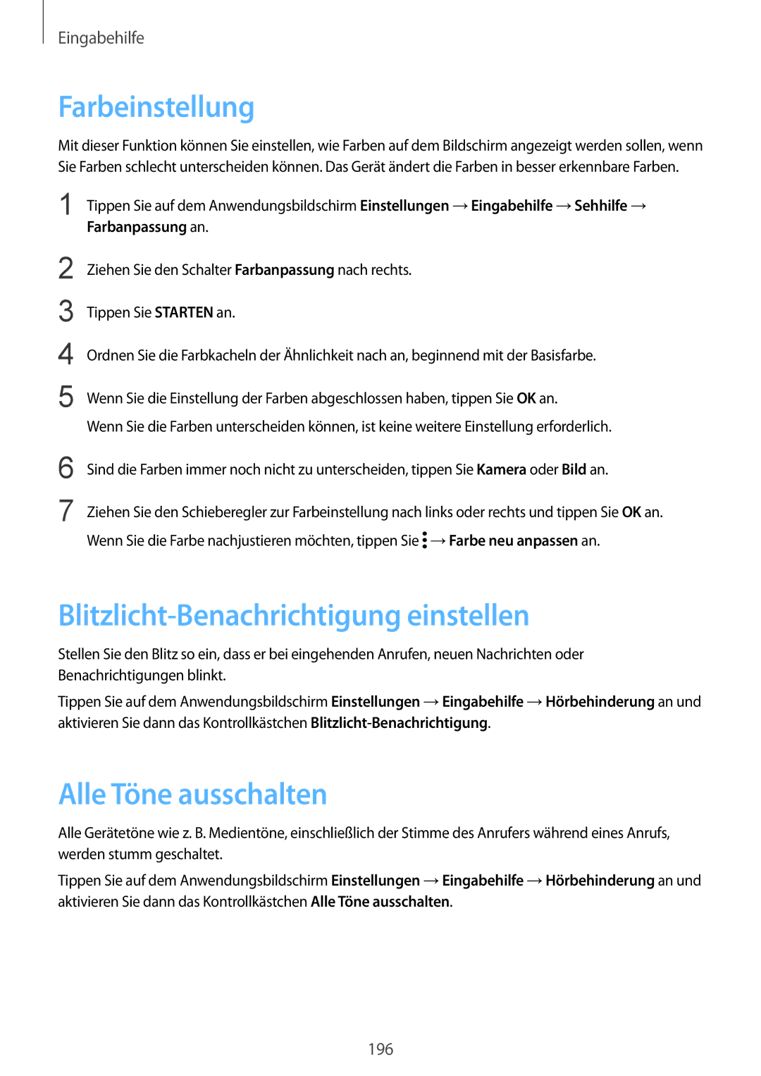 Samsung SM-G901FZBADTM, SM-G901FZKACOS manual Farbeinstellung, Blitzlicht-Benachrichtigung einstellen, Alle Töne ausschalten 