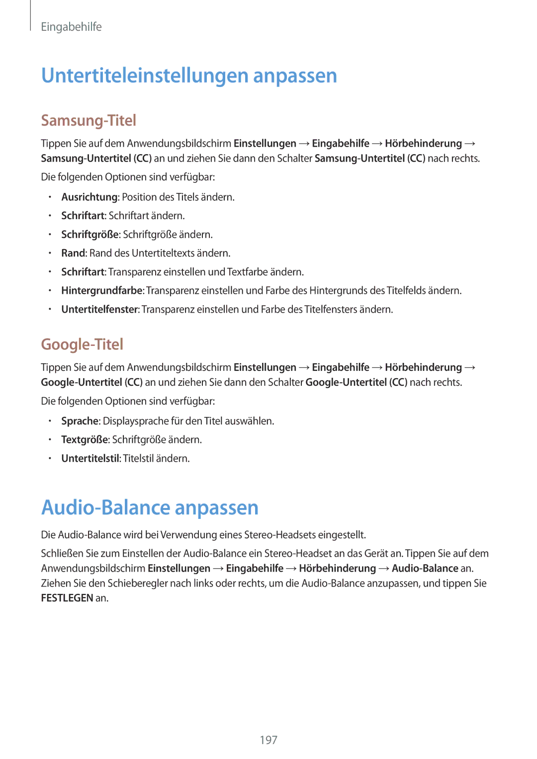 Samsung SM-G901FZKADBT Untertiteleinstellungen anpassen, Audio-Balance anpassen, Samsung-Titel, Google-Titel, Festlegen an 