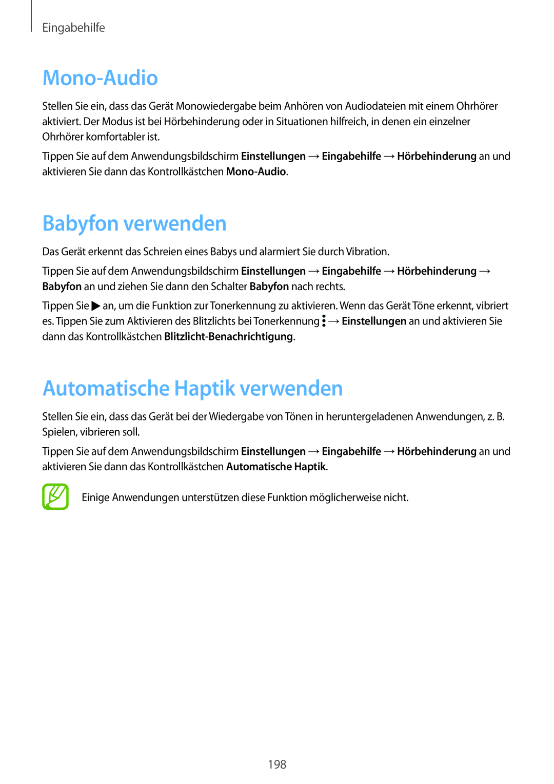 Samsung SM-G901FZWABAL, SM-G901FZKACOS, SM-G901FZDABAL manual Mono-Audio, Babyfon verwenden, Automatische Haptik verwenden 