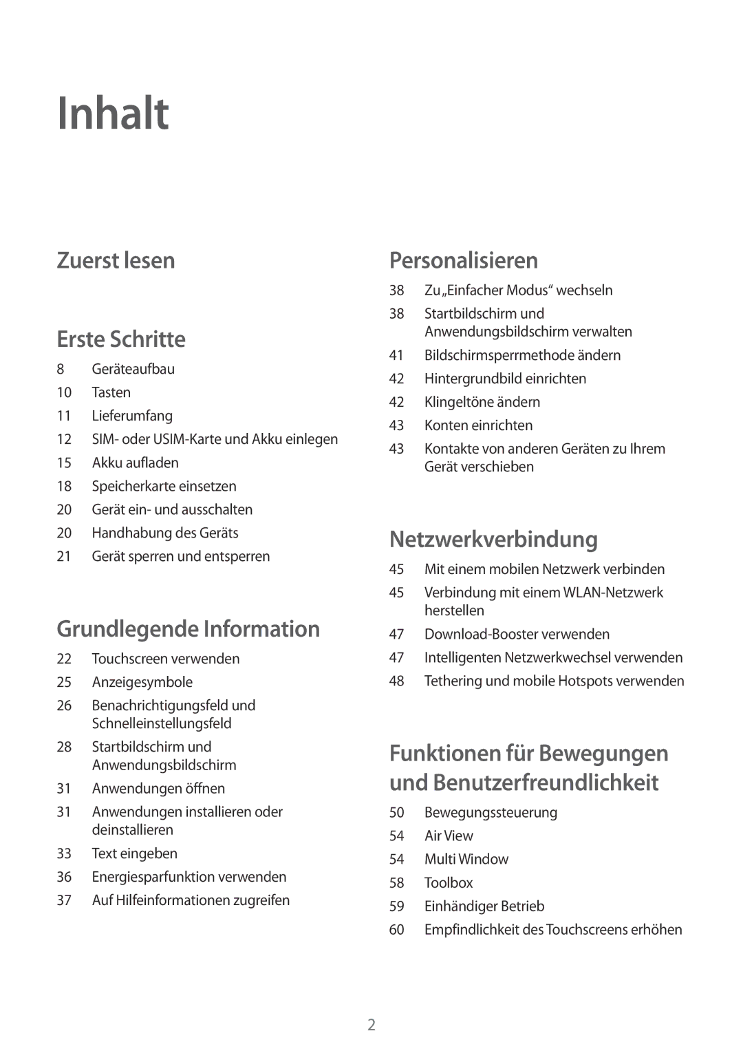 Samsung SM-G901FZWAVGR, SM-G901FZKACOS, SM-G901FZDABAL, SM-G901FZWADBT, SM-G901FZKAVGR Inhalt, Zuerst lesen Erste Schritte 