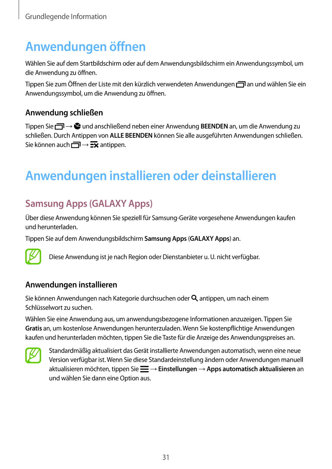 Samsung SM-G901FZBABAL manual Anwendungen öffnen, Anwendungen installieren oder deinstallieren, Samsung Apps Galaxy Apps 