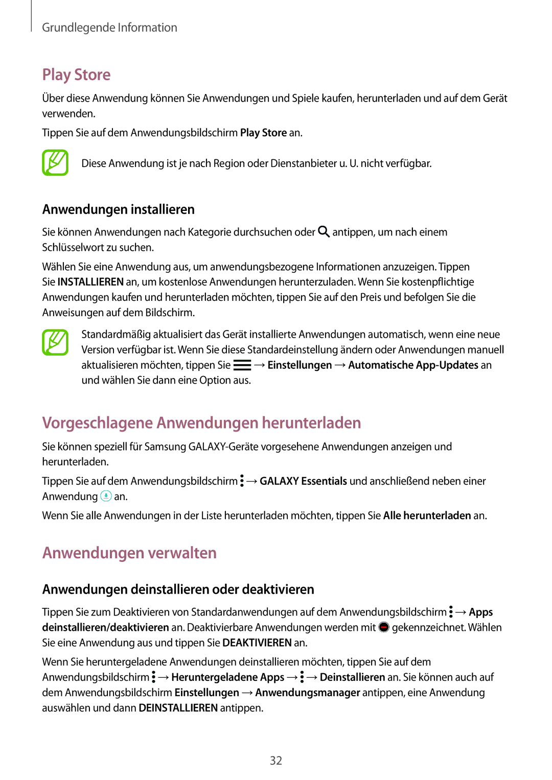 Samsung SM-G901FZWABOG, SM-G901FZKACOS manual Play Store, Vorgeschlagene Anwendungen herunterladen, Anwendungen verwalten 