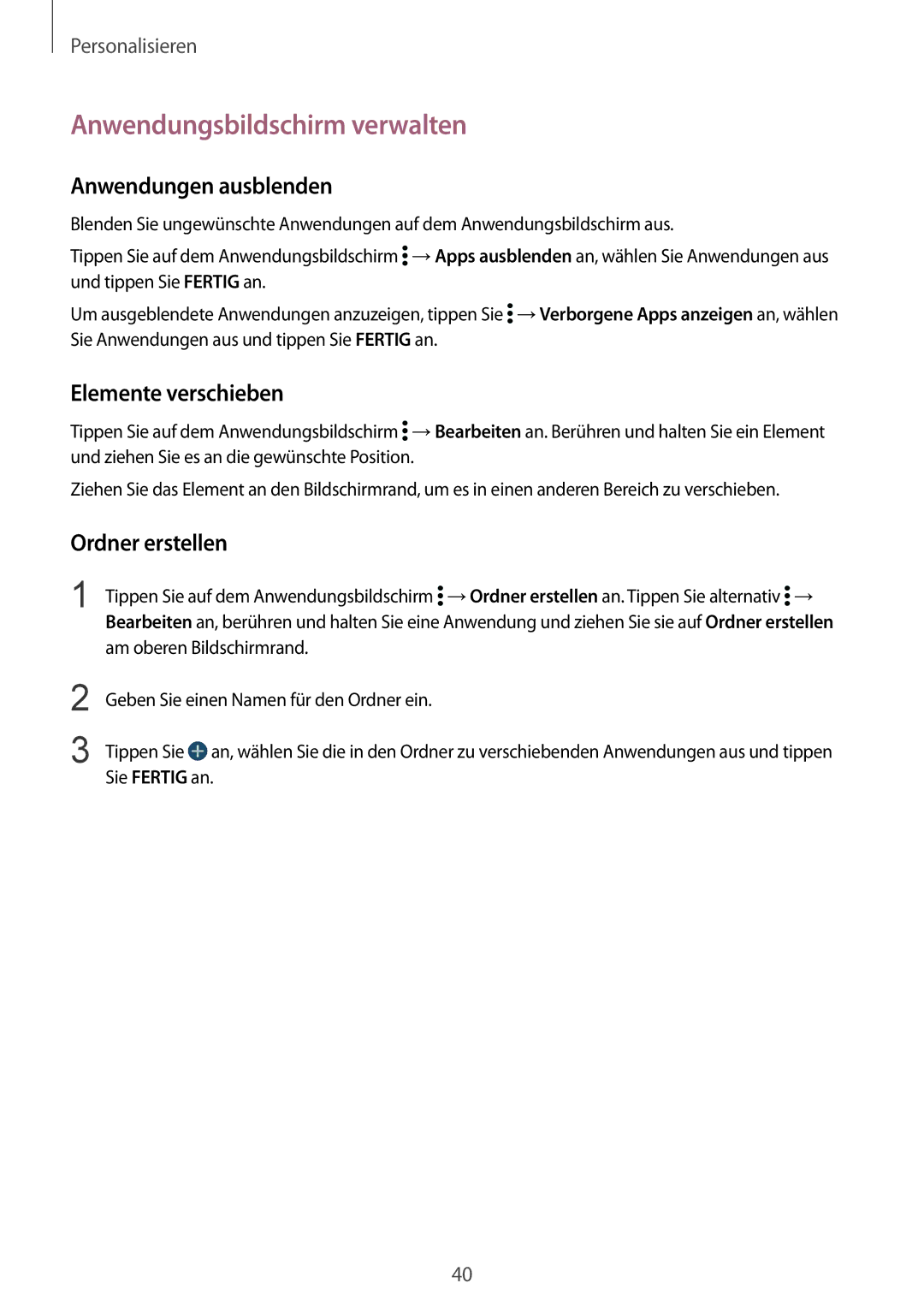 Samsung SM-G901FZWADTM, SM-G901FZKACOS manual Anwendungsbildschirm verwalten, Anwendungen ausblenden, Elemente verschieben 