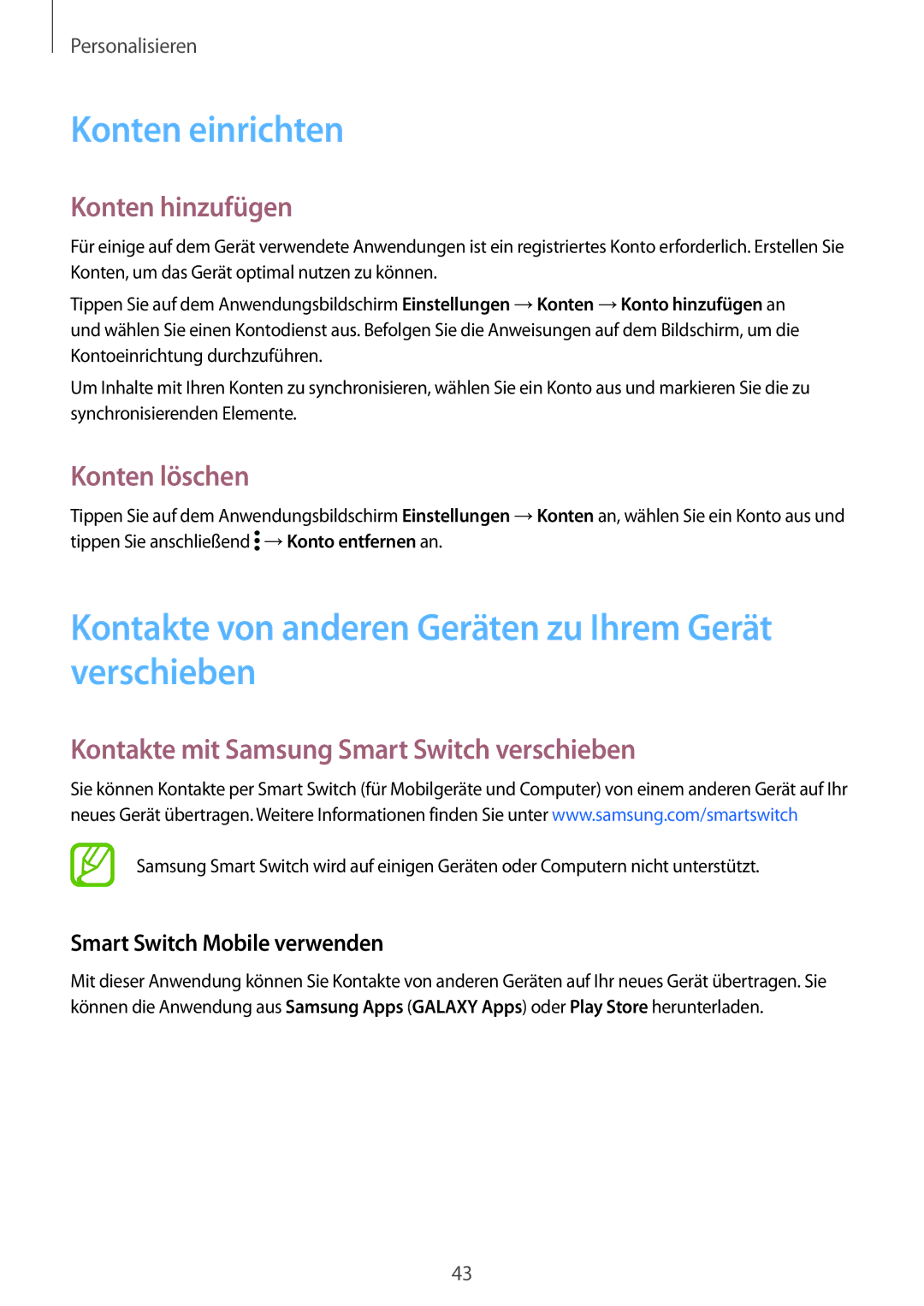 Samsung SM-G901FZBADTM manual Konten einrichten, Kontakte von anderen Geräten zu Ihrem Gerät verschieben, Konten hinzufügen 