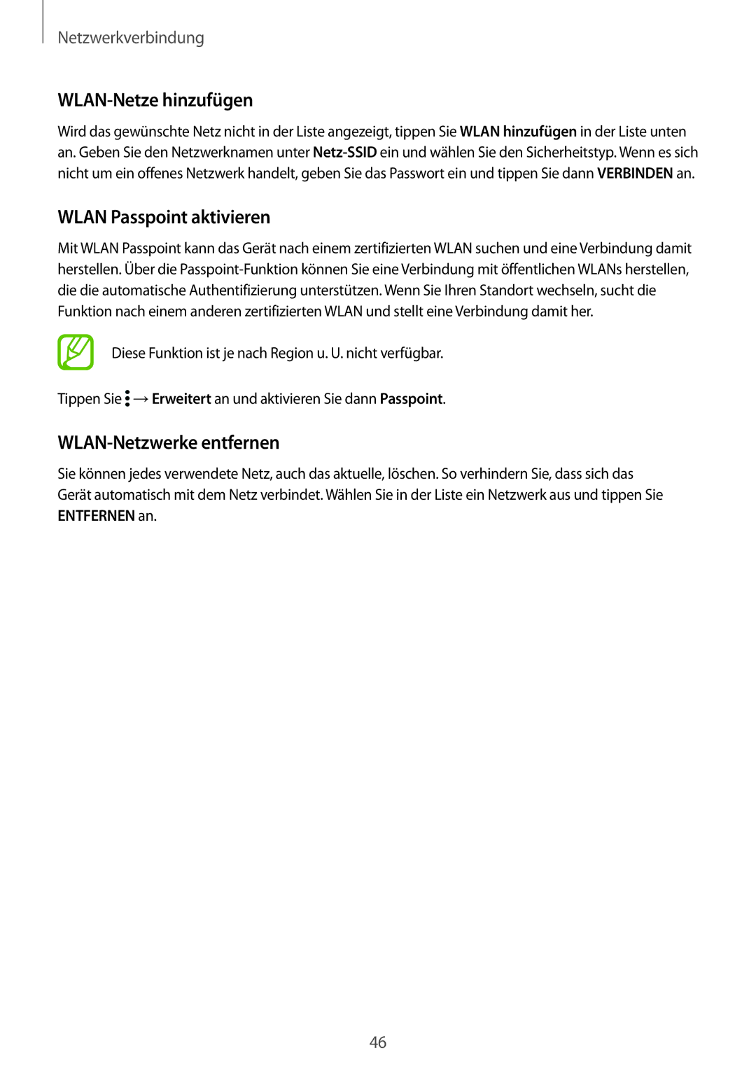 Samsung SM-G901FZWAEUR, SM-G901FZKACOS manual WLAN-Netze hinzufügen, Wlan Passpoint aktivieren, WLAN-Netzwerke entfernen 