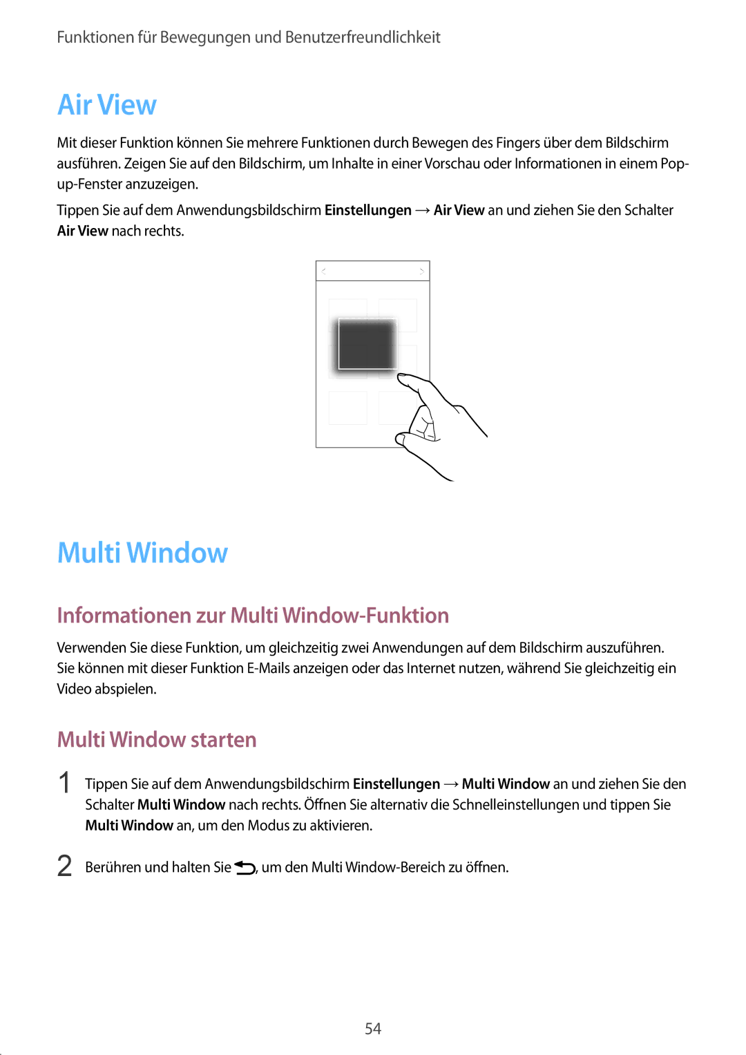 Samsung SM-G901FZWADBT, SM-G901FZKACOS manual Air View, Informationen zur Multi Window-Funktion, Multi Window starten 