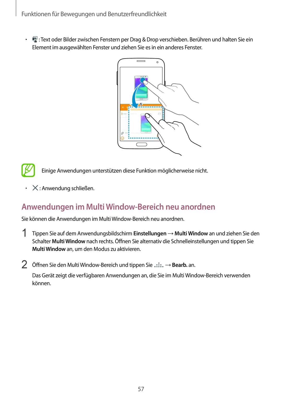 Samsung SM-G901FZWADTM, SM-G901FZKACOS, SM-G901FZDABAL, SM-G901FZWAVGR manual Anwendungen im Multi Window-Bereich neu anordnen 