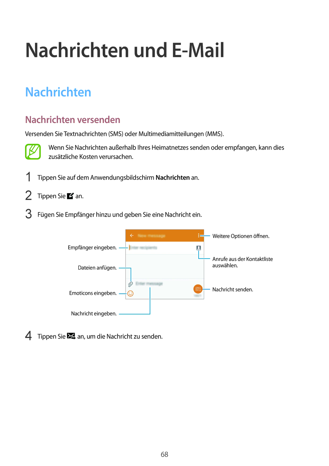 Samsung SM-G901FZKACOS, SM-G901FZDABAL, SM-G901FZWAVGR, SM-G901FZWADBT manual Nachrichten und E-Mail, Nachrichten versenden 