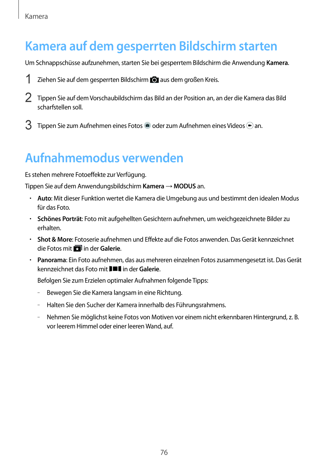 Samsung SM-G901FZKABAL, SM-G901FZKACOS manual Kamera auf dem gesperrten Bildschirm starten, Aufnahmemodus verwenden 