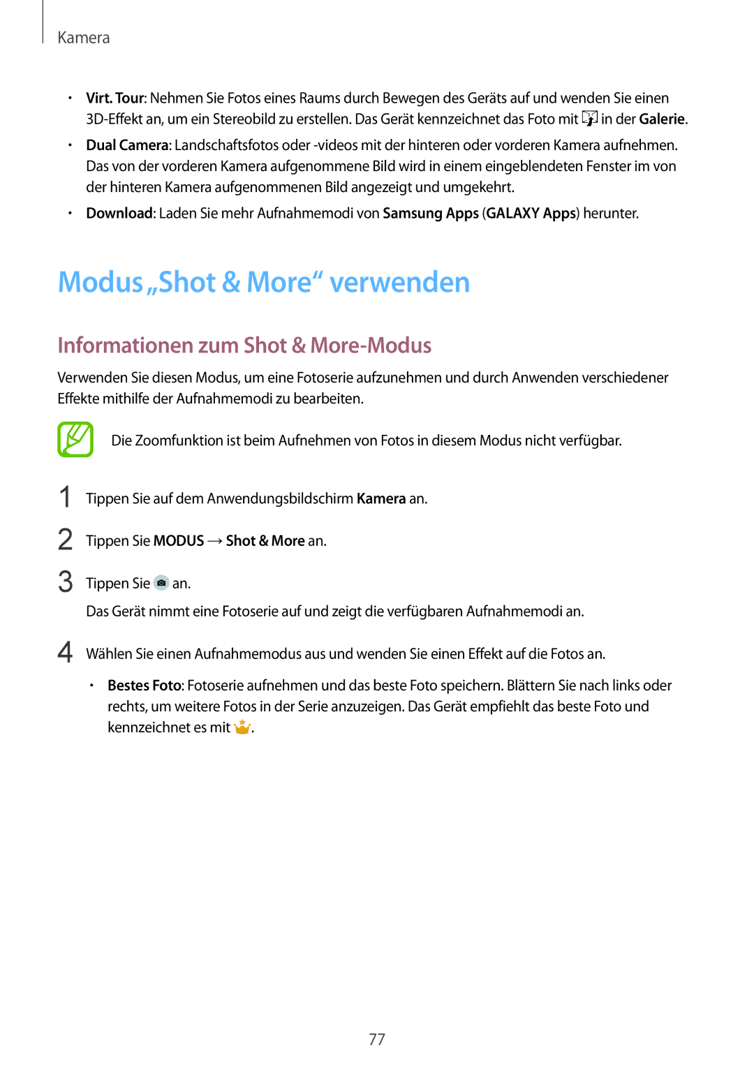 Samsung SM-G901FZBADTM Modus„Shot & More verwenden, Informationen zum Shot & More-Modus, Tippen Sie Modus →Shot & More an 