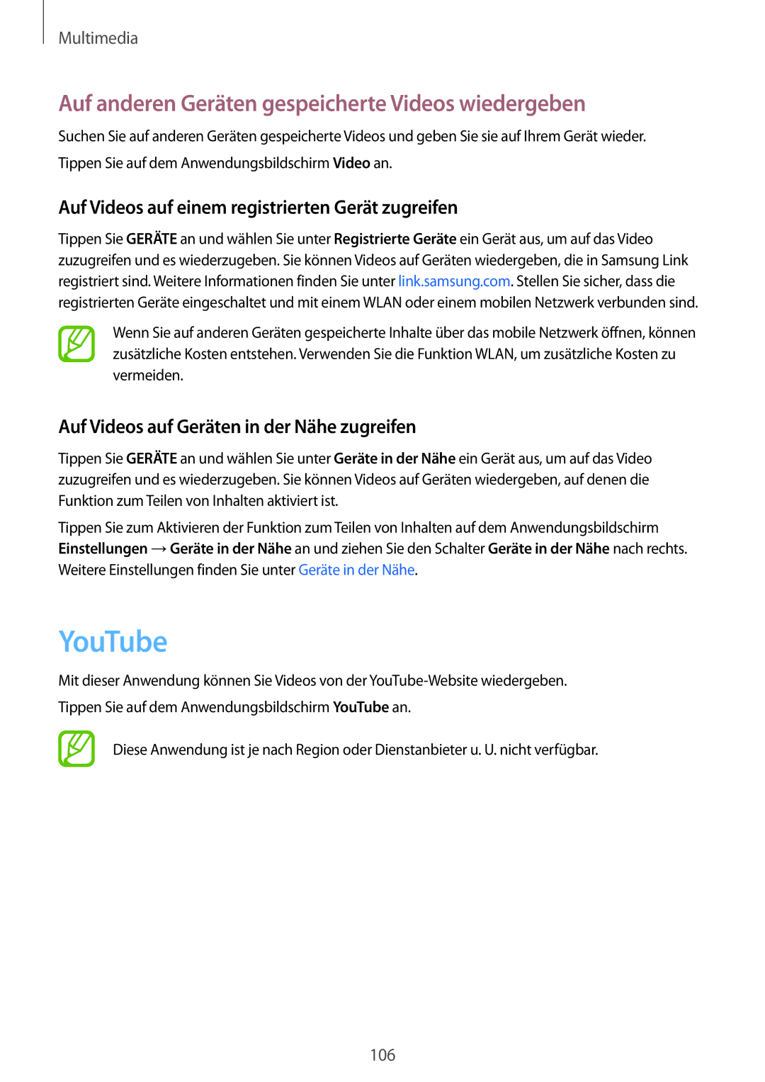 Samsung SM-G901FZKAVGR, SM-G901FZKACOS, SM-G901FZDABAL manual YouTube, Auf anderen Geräten gespeicherte Videos wiedergeben 