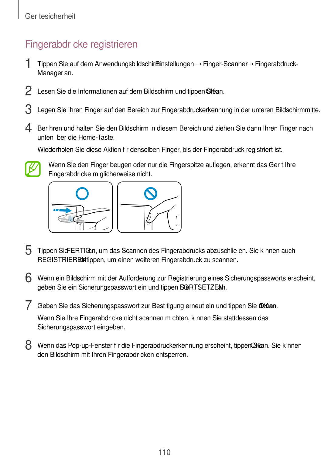 Samsung SM-G901FZKABAL, SM-G901FZKACOS, SM-G901FZDABAL manual Fingerabdrücke registrieren, Sicherungspasswort eingeben 