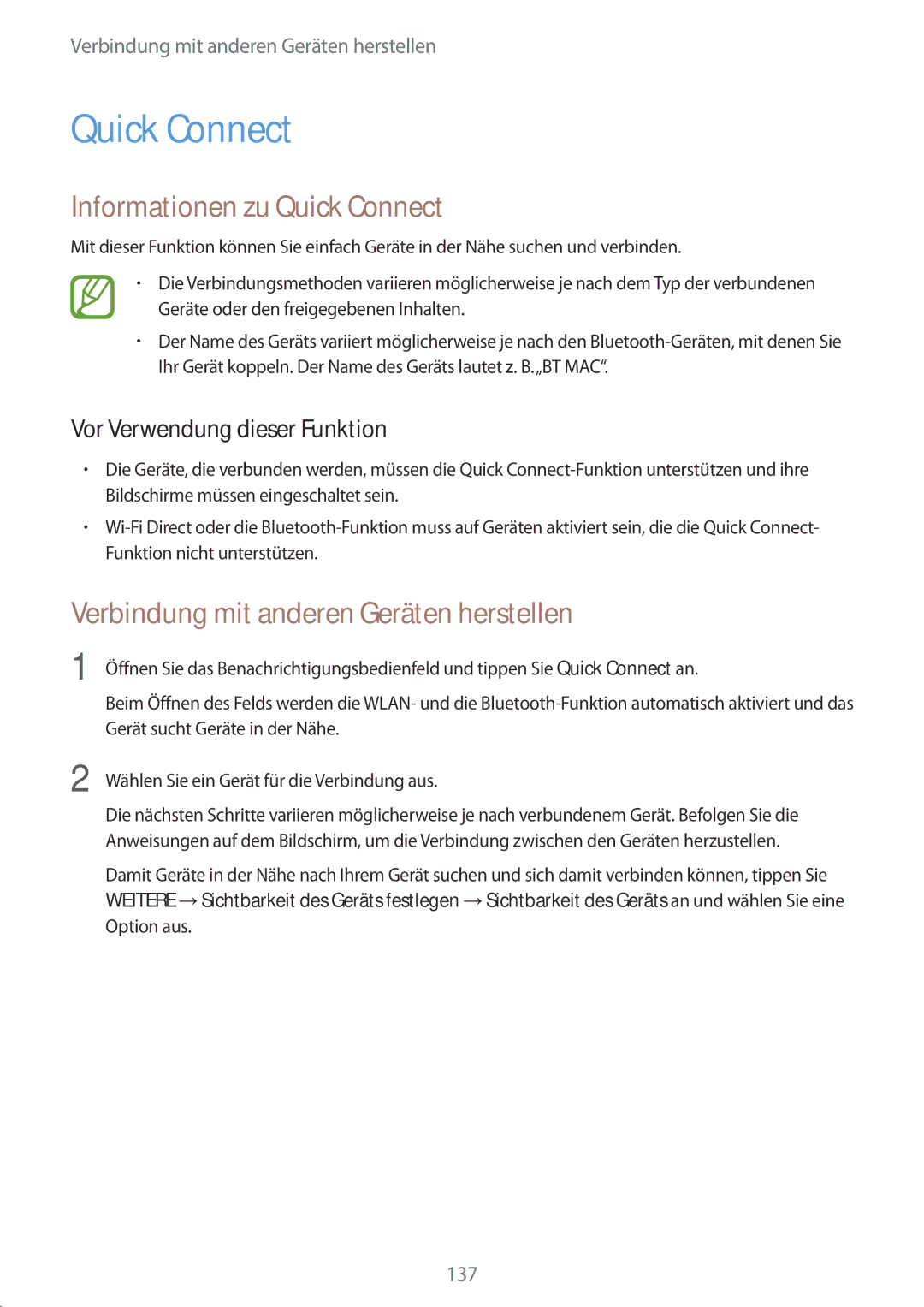 Samsung SM-G901FZDABAL, SM-G901FZKACOS manual Informationen zu Quick Connect, Verbindung mit anderen Geräten herstellen 