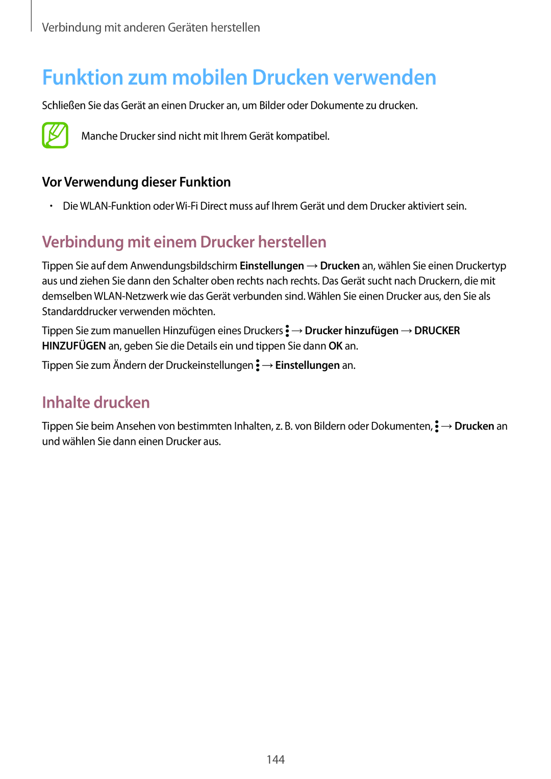 Samsung SM-G901FZKABAL Funktion zum mobilen Drucken verwenden, Verbindung mit einem Drucker herstellen, Inhalte drucken 
