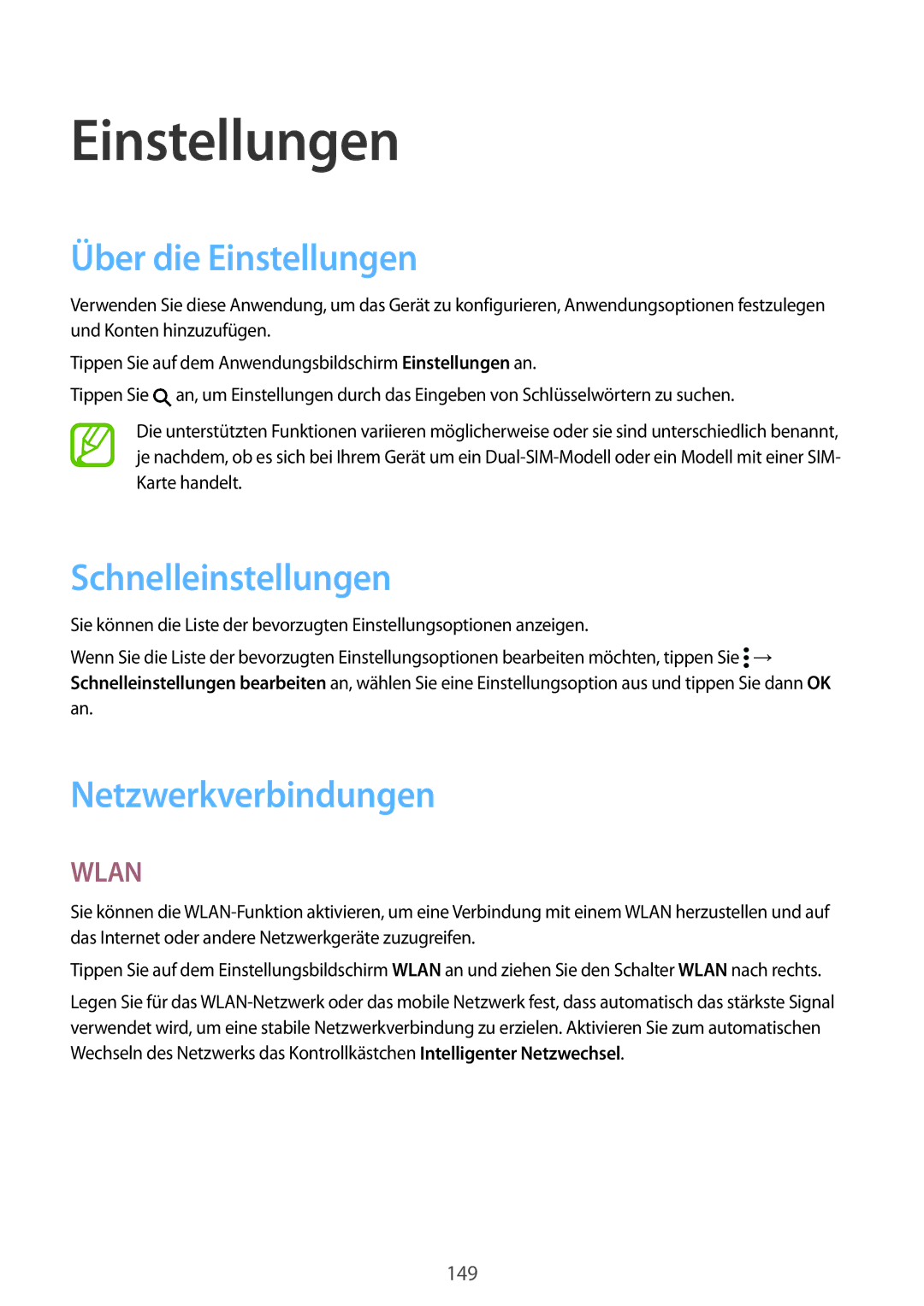 Samsung SM-G901FZDADTM, SM-G901FZKACOS manual Über die Einstellungen, Schnelleinstellungen, Netzwerkverbindungen 