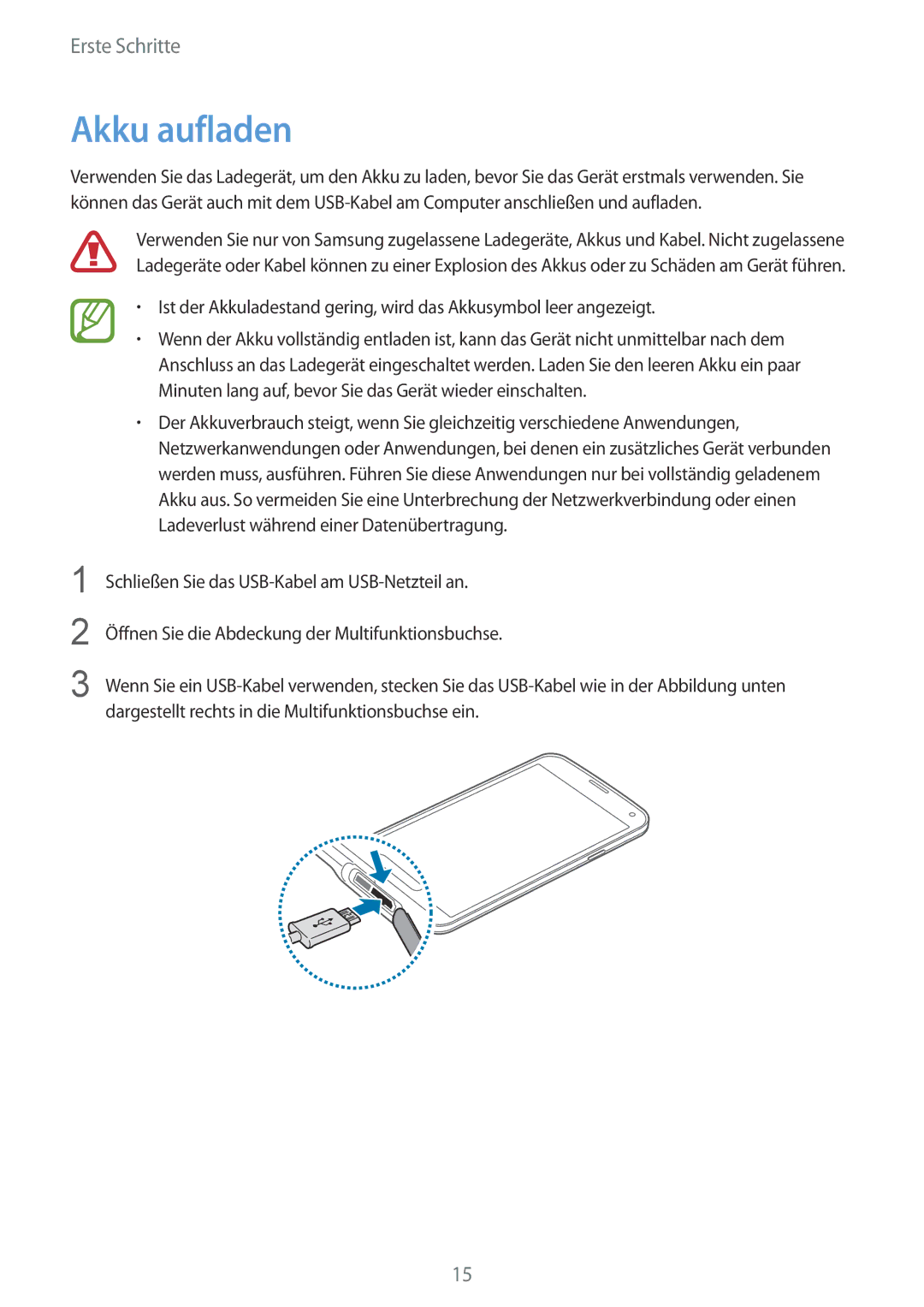 Samsung SM-G901FZWABOG, SM-G901FZKACOS, SM-G901FZDABAL, SM-G901FZWAVGR, SM-G901FZWADBT, SM-G901FZKAVGR manual Akku aufladen 