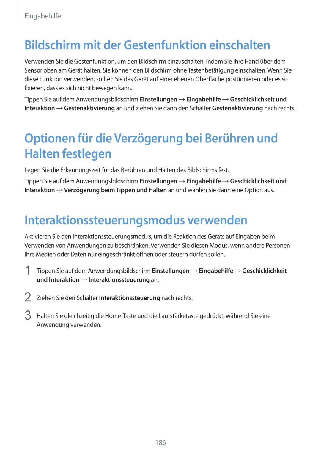 Samsung SM-G901FZKABOG manual Bildschirm mit der Gestenfunktion einschalten, Interaktionssteuerungsmodus verwenden 
