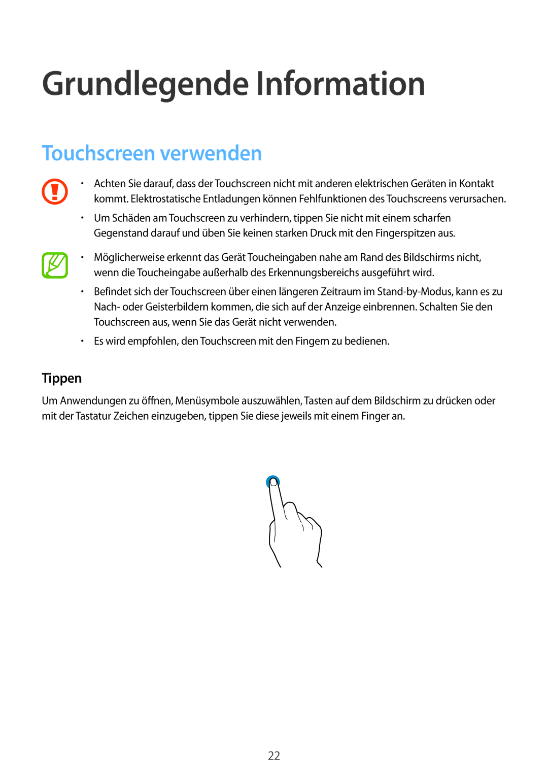 Samsung SM-G901FZKAVD2, SM-G901FZKACOS, SM-G901FZDABAL manual Grundlegende Information, Touchscreen verwenden, Tippen 