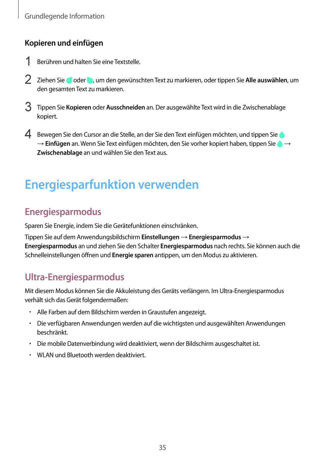 Samsung SM-G901FZDABAL, SM-G901FZKACOS Energiesparfunktion verwenden, Ultra-Energiesparmodus, Kopieren und einfügen 