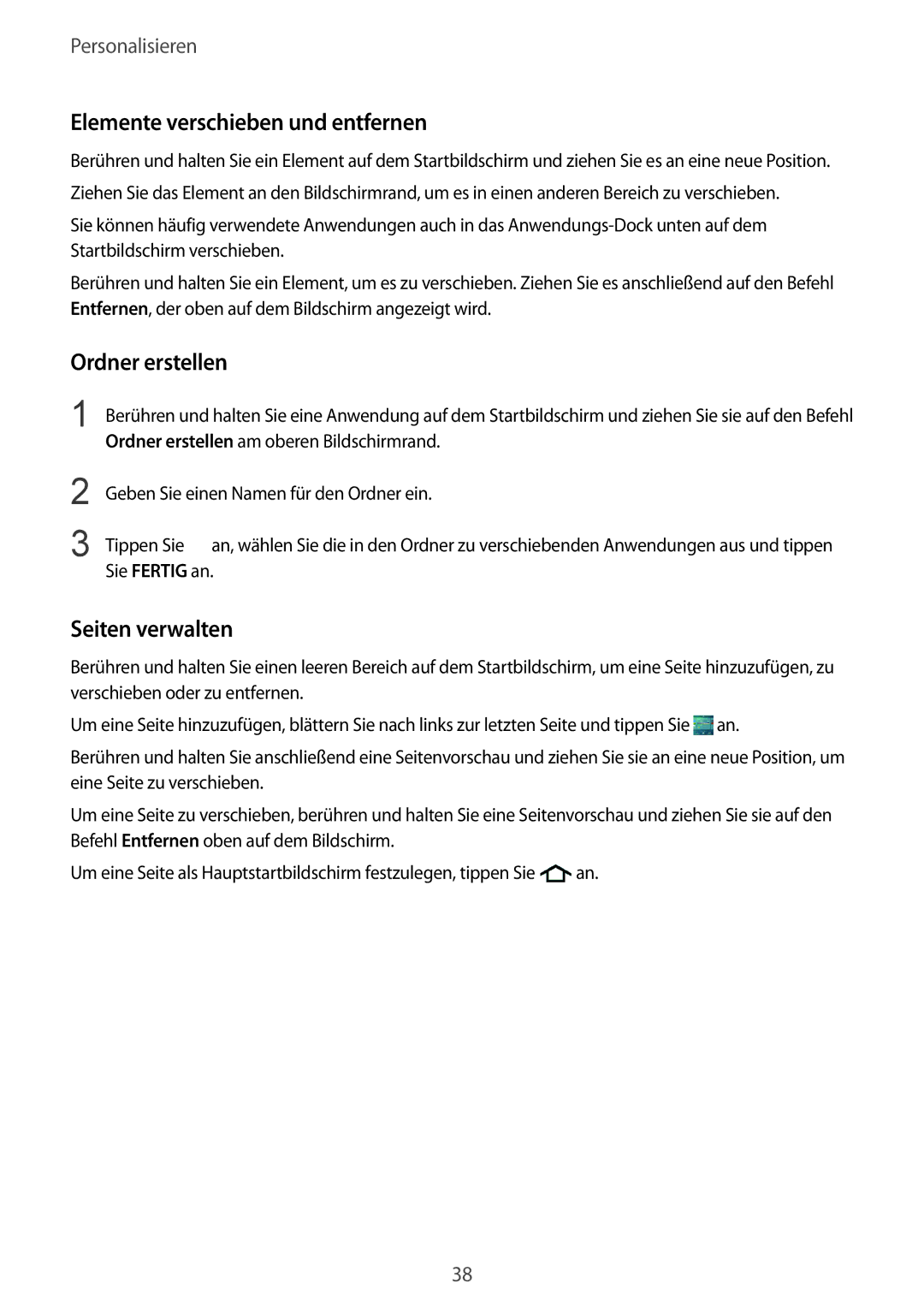 Samsung SM-G901FZKAVGR, SM-G901FZKACOS manual Elemente verschieben und entfernen, Ordner erstellen, Seiten verwalten 