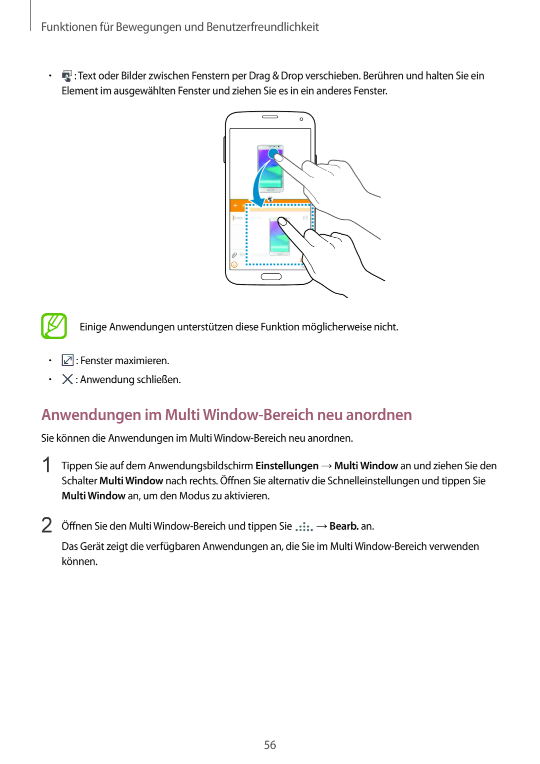 Samsung SM-G901FZKAVD2, SM-G901FZKACOS, SM-G901FZDABAL, SM-G901FZWAVGR manual Anwendungen im Multi Window-Bereich neu anordnen 