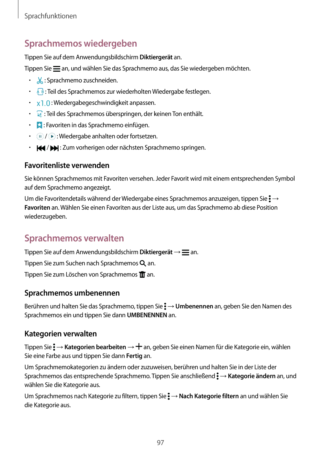 Samsung SM-G901FZWAEUR Sprachmemos wiedergeben, Sprachmemos verwalten, Favoritenliste verwenden, Sprachmemos umbenennen 