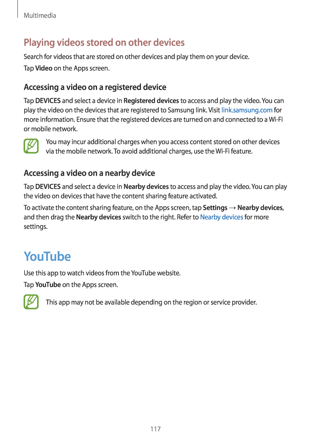 Samsung SM-G901FZKAVD2 manual YouTube, Playing videos stored on other devices, Accessing a video on a registered device 