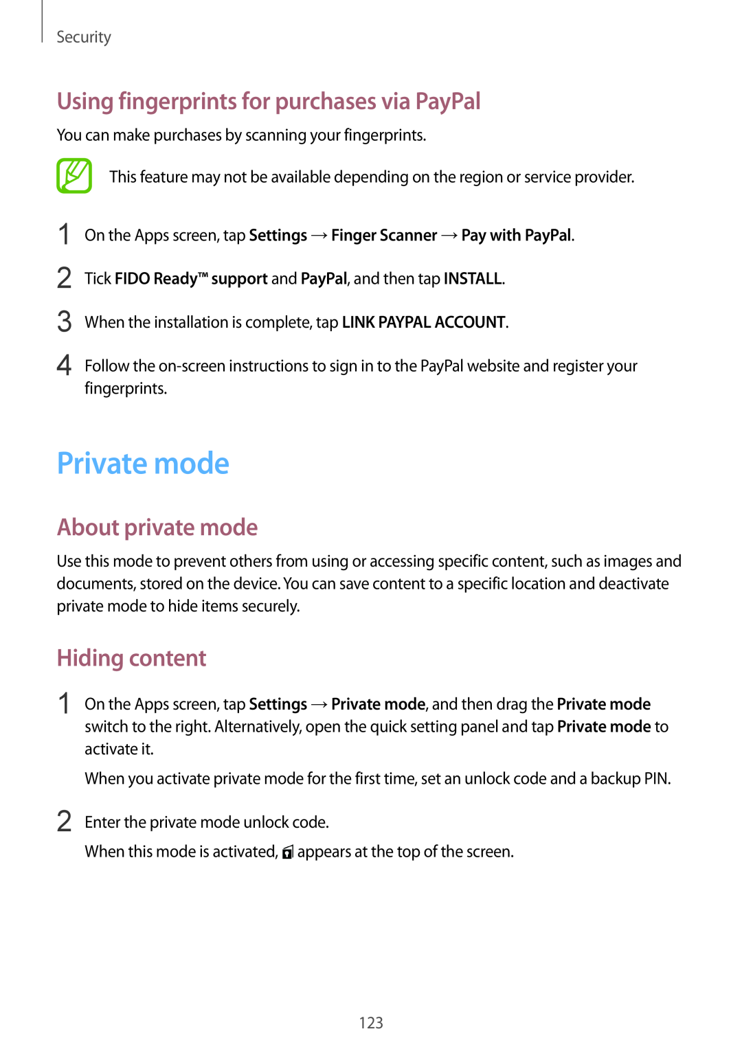 Samsung SM-G901FZWABAL manual Private mode, Using fingerprints for purchases via PayPal, About private mode, Hiding content 