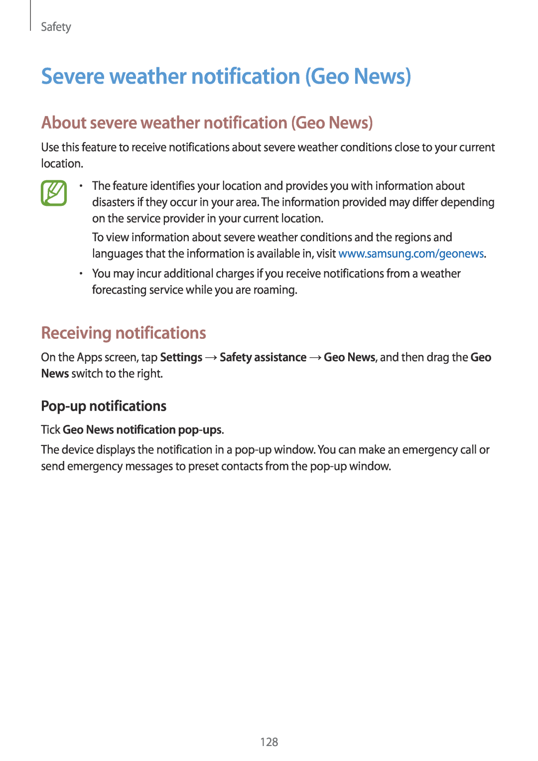 Samsung SM-G901FZWABOG manual Severe weather notification Geo News, About severe weather notification Geo News, Safety 