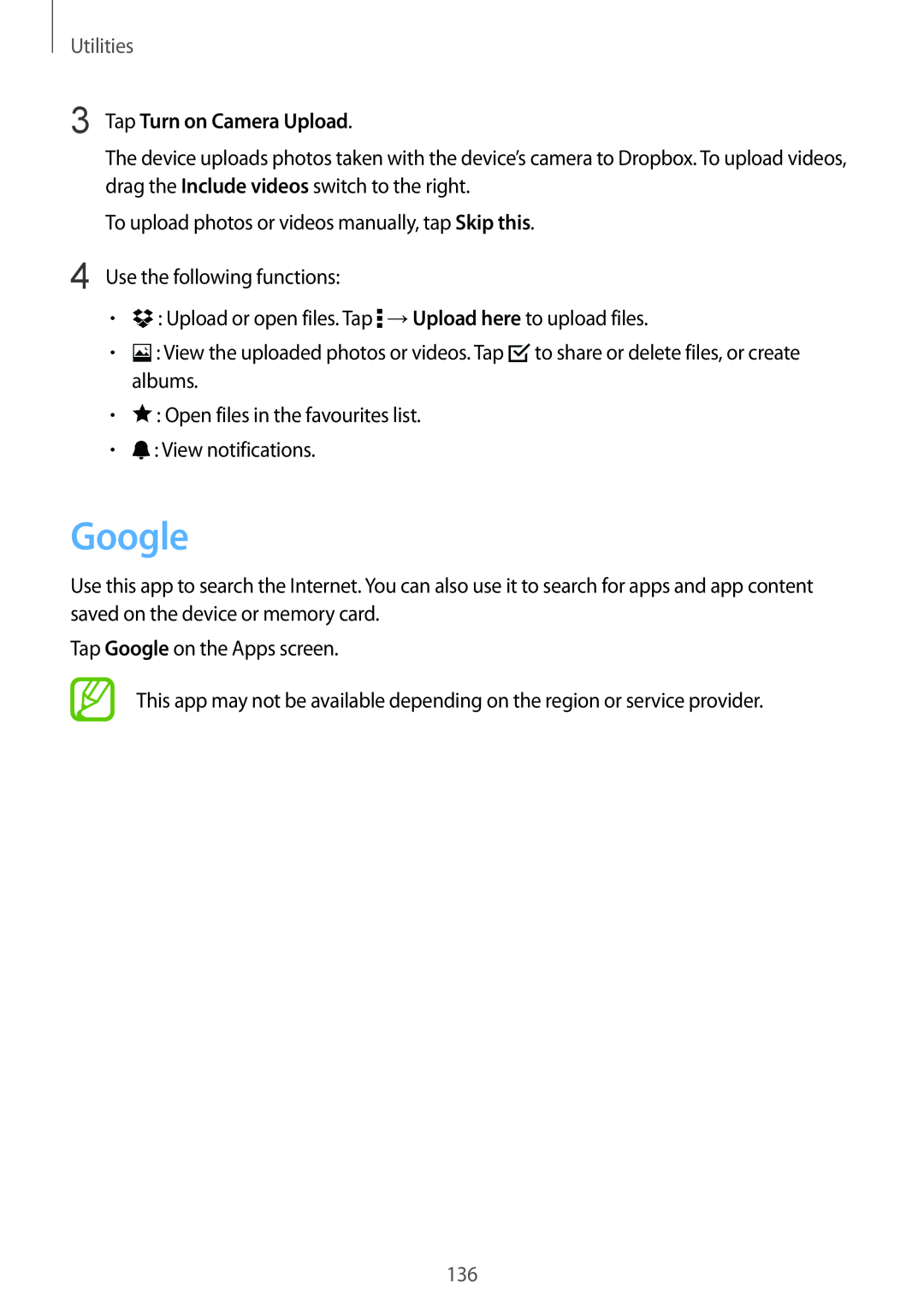Samsung SM-G901FZWAATL, SM-G901FZKACOS, SM-G901FZDABAL, SM-G901FZWAVGR manual Google, Tap Turn on Camera Upload, Utilities 