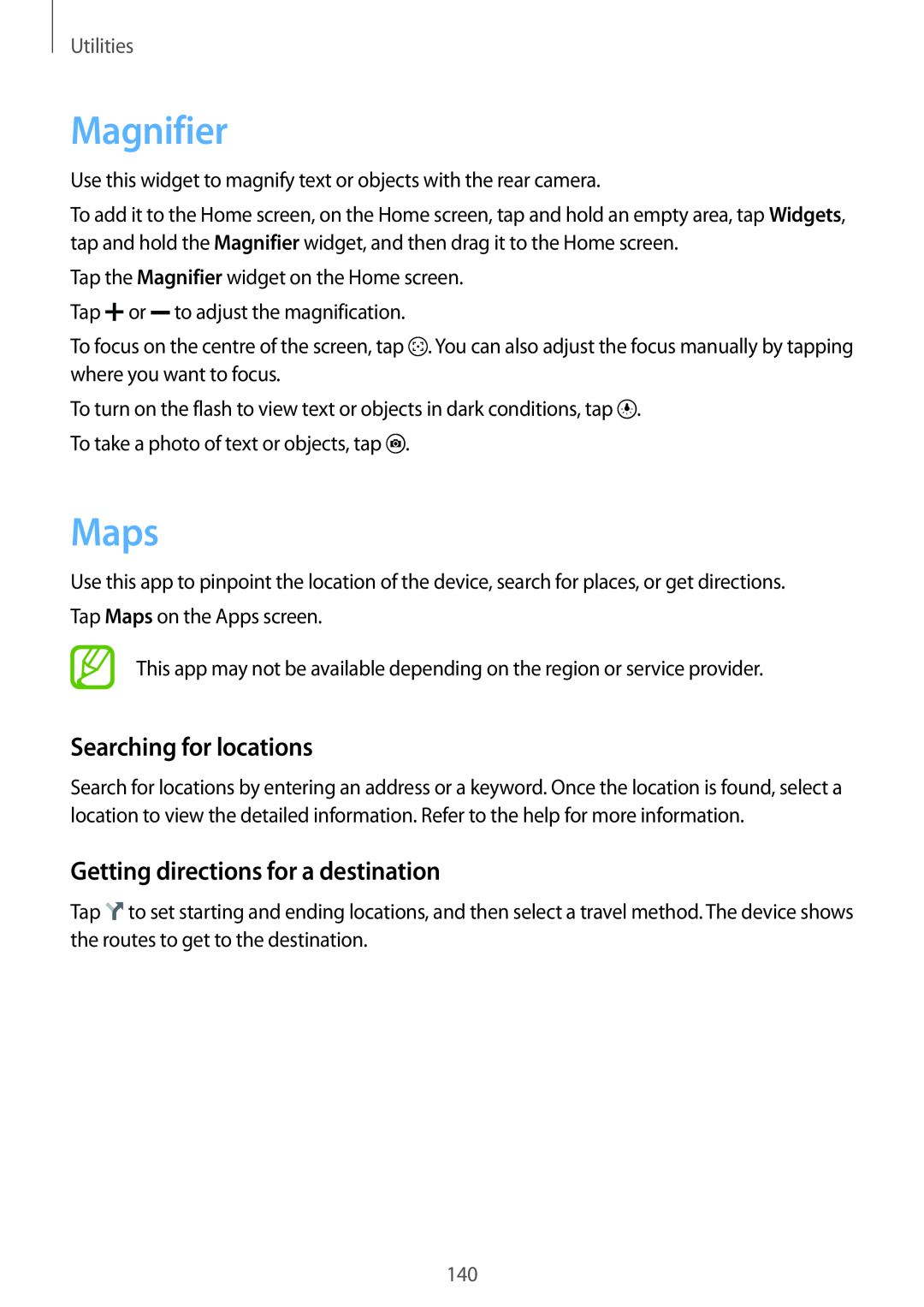 Samsung SM-G901FZKACOS manual Magnifier, Maps, Searching for locations, Getting directions for a destination, Utilities 