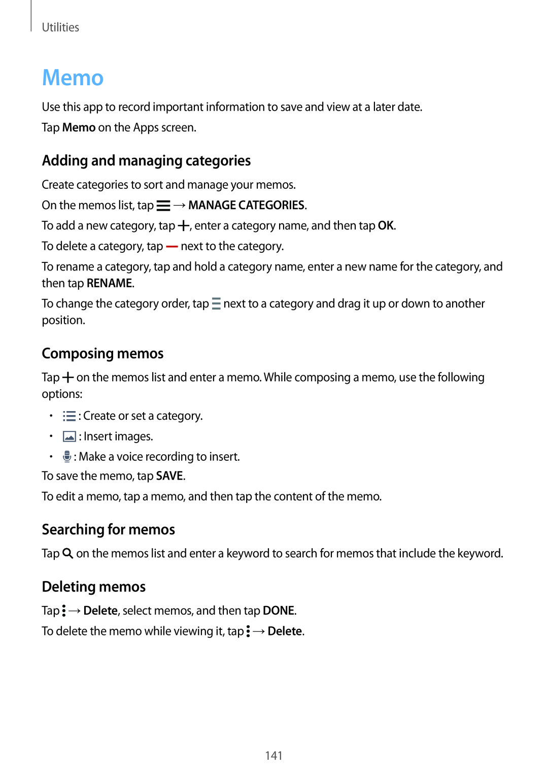 Samsung SM-G901FZDABAL manual Memo, Adding and managing categories, Composing memos, Searching for memos, Deleting memos 