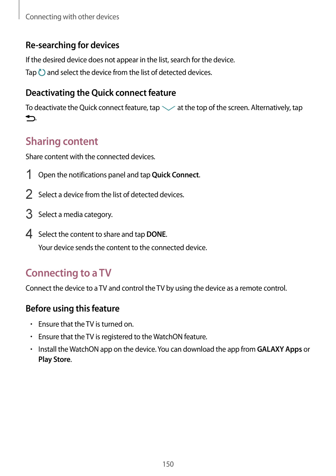 Samsung SM-G901FZKADBT manual Sharing content, Connecting to a TV, Re-searching for devices, Before using this feature 