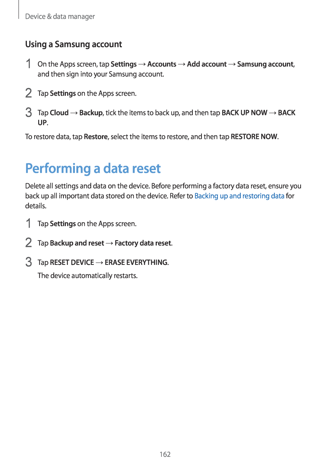 Samsung SM-G901FZDABOG manual Performing a data reset, Using a Samsung account, Tap Backup and reset →Factory data reset 