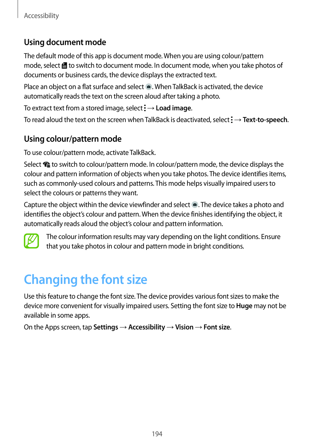 Samsung SM-G901FZKAEUR manual Changing the font size, Using document mode, Using colour/pattern mode, Accessibility 