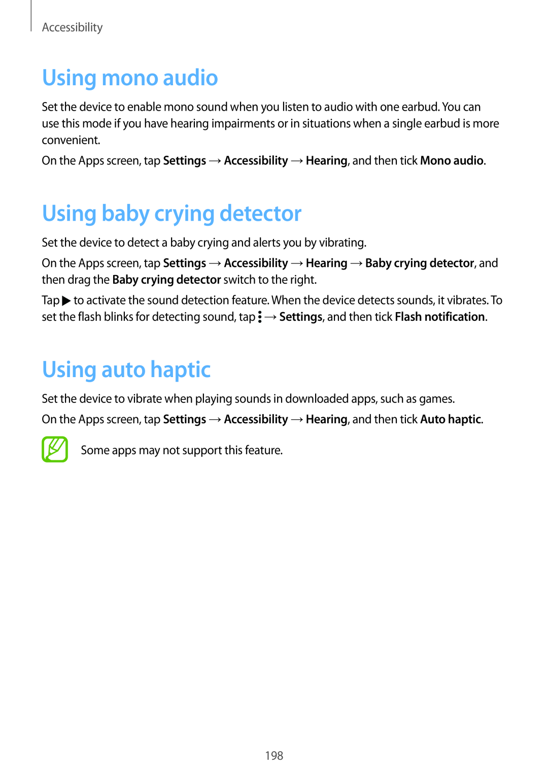 Samsung SM-G901FZWAVGR, SM-G901FZKACOS manual Using mono audio, Using baby crying detector, Using auto haptic, Accessibility 