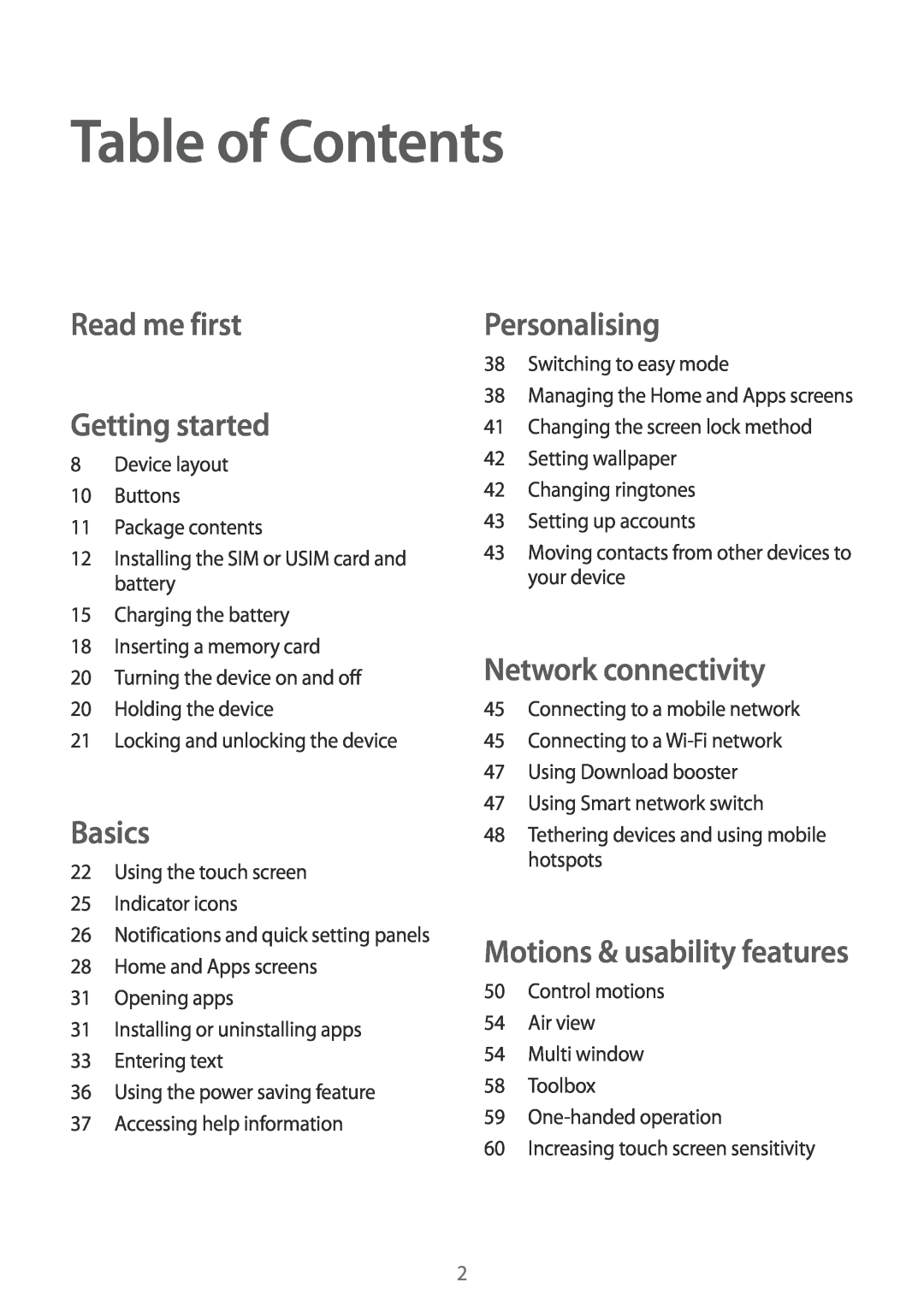 Samsung SM-G901FZWAVGR manual Table of Contents, Read me first Getting started, Basics, Personalising, Network connectivity 
