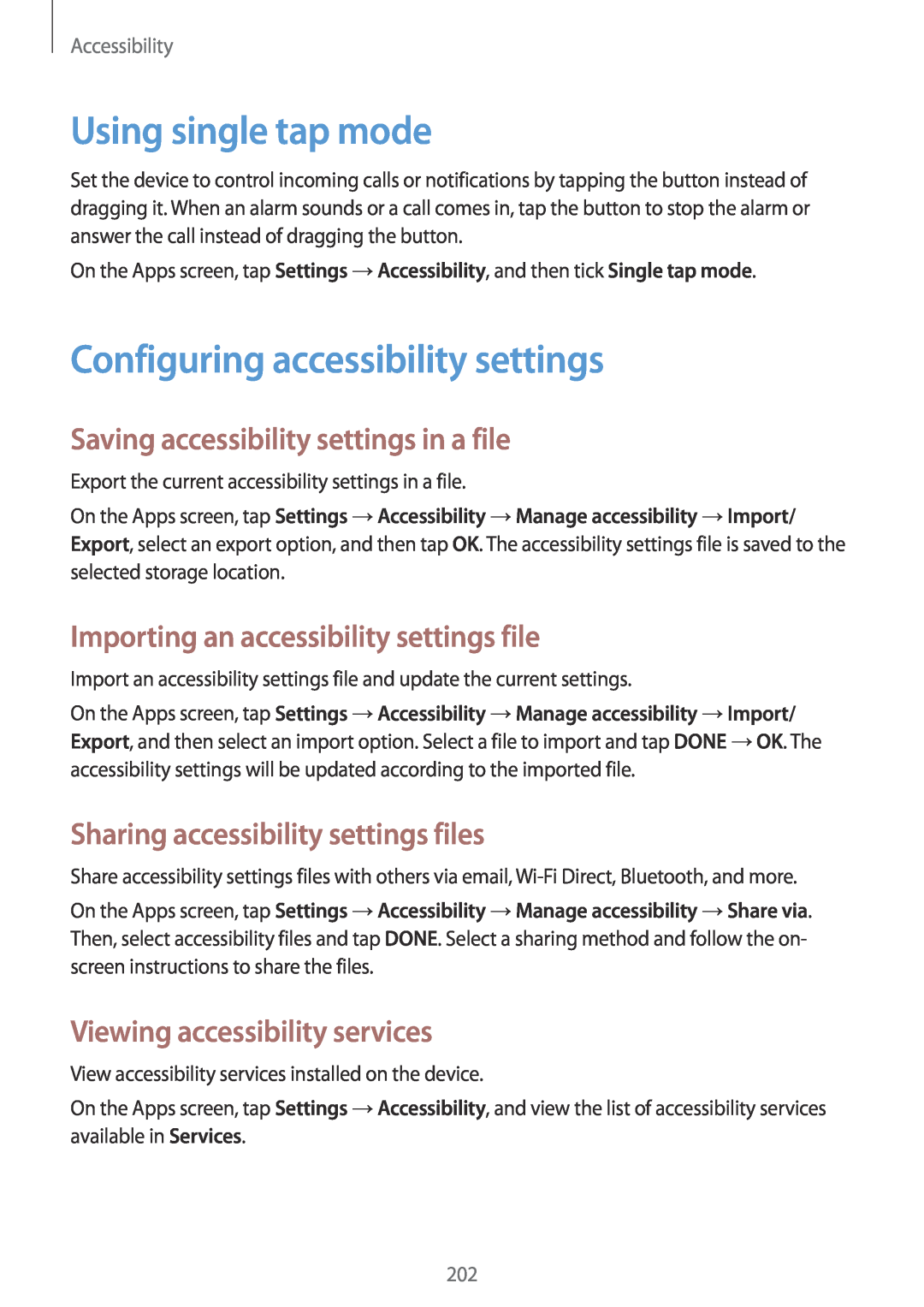 Samsung SM-G901FZWADTM Using single tap mode, Configuring accessibility settings, Saving accessibility settings in a file 