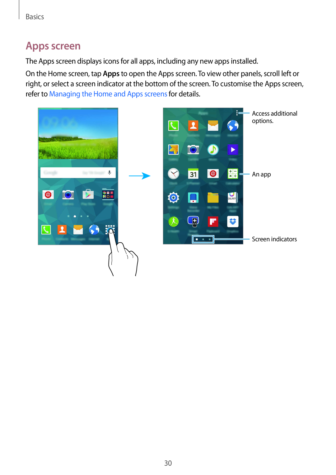 Samsung SM-G901FZWAVGR, SM-G901FZKACOS manual Apps screen, Basics, An app Screen indicators, Access additional options 