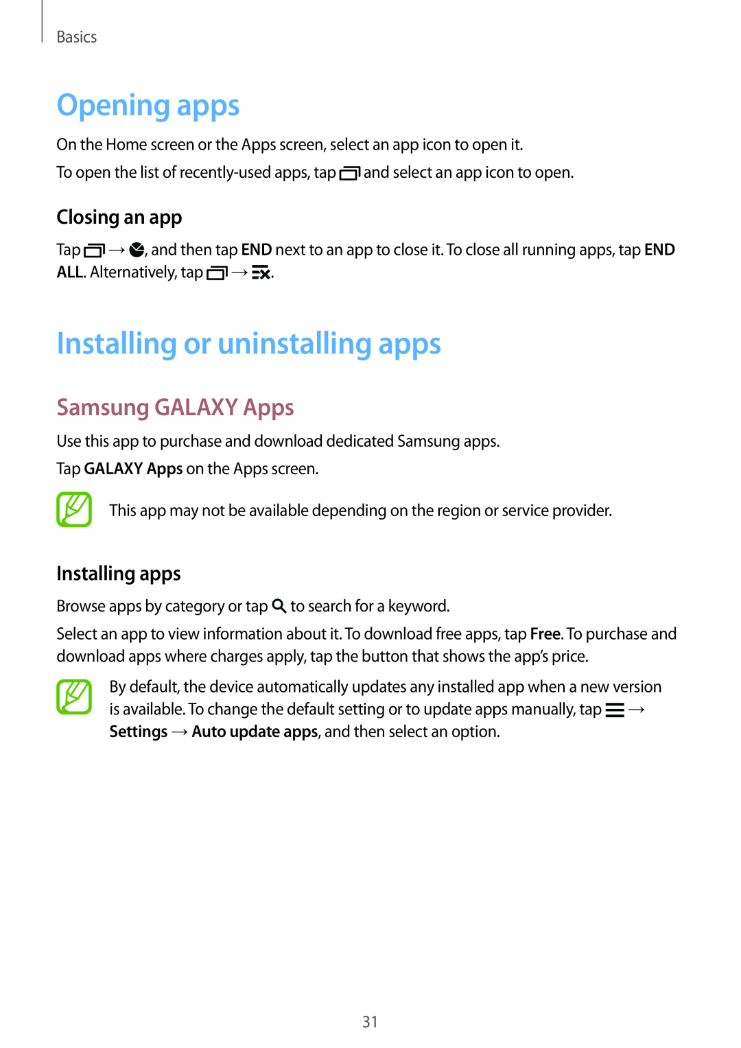 Samsung SM-G901FZWADBT Opening apps, Installing or uninstalling apps, Samsung GALAXY Apps, Closing an app, Installing apps 