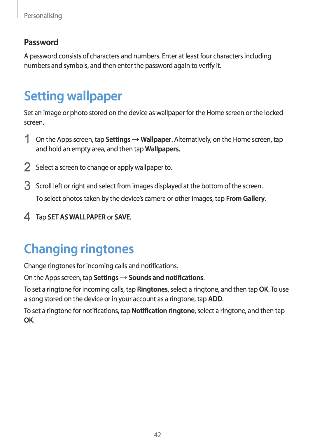 Samsung SM-G901FZBABAL manual Setting wallpaper, Changing ringtones, Password, Tap SET AS WALLPAPER or SAVE, Personalising 