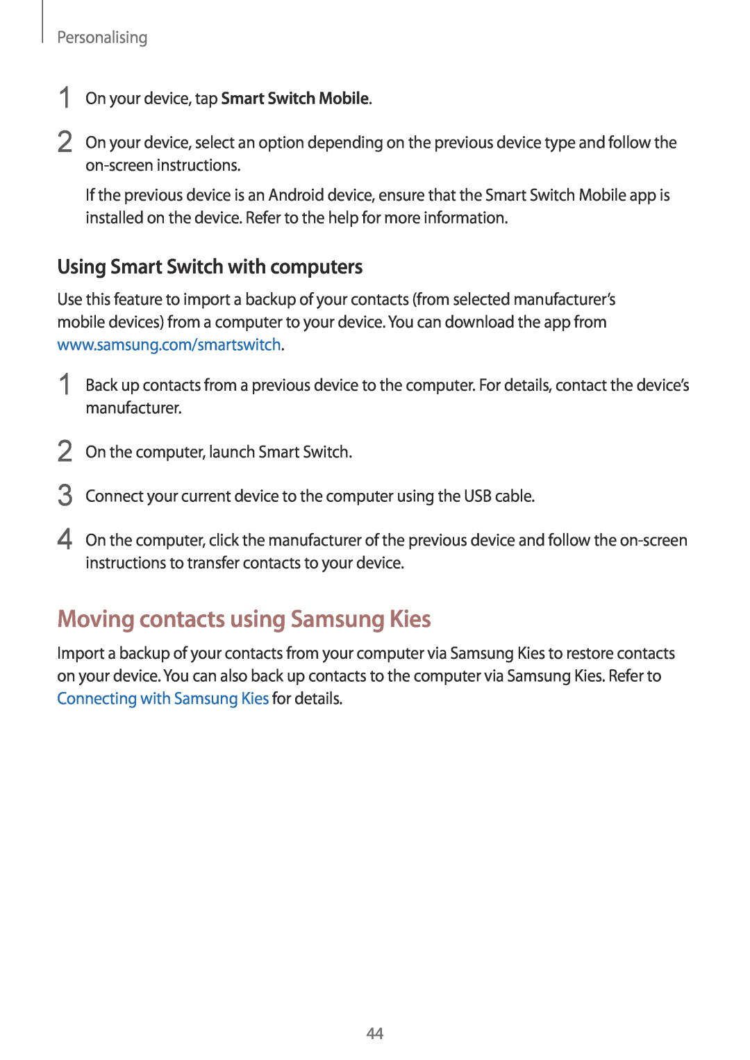 Samsung SM-G901FZWABOG manual Moving contacts using Samsung Kies, Using Smart Switch with computers, Personalising 