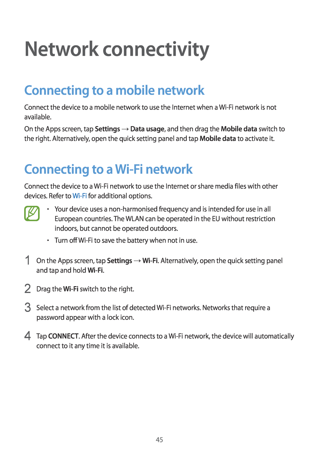 Samsung SM-G901FZKABOG, SM-G901FZKACOS Network connectivity, Connecting to a mobile network, Connecting to a Wi-Fi network 