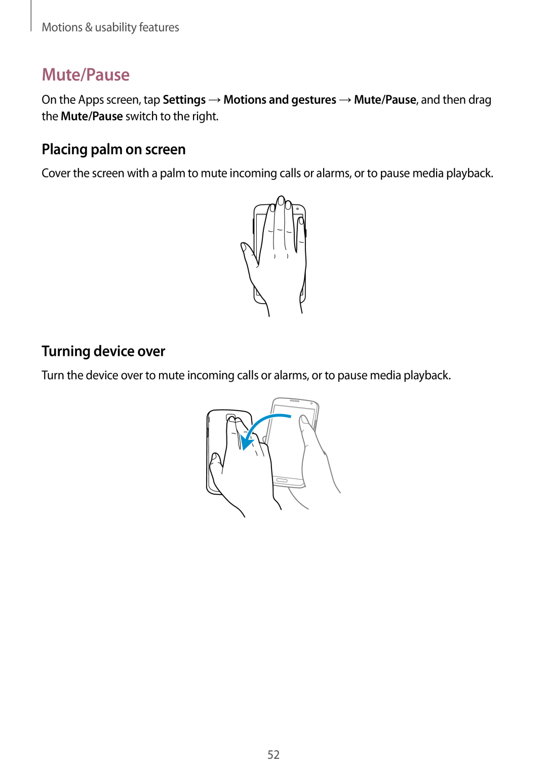 Samsung SM-G901FZWAATL manual Mute/Pause, Placing palm on screen, Turning device over, Motions & usability features 