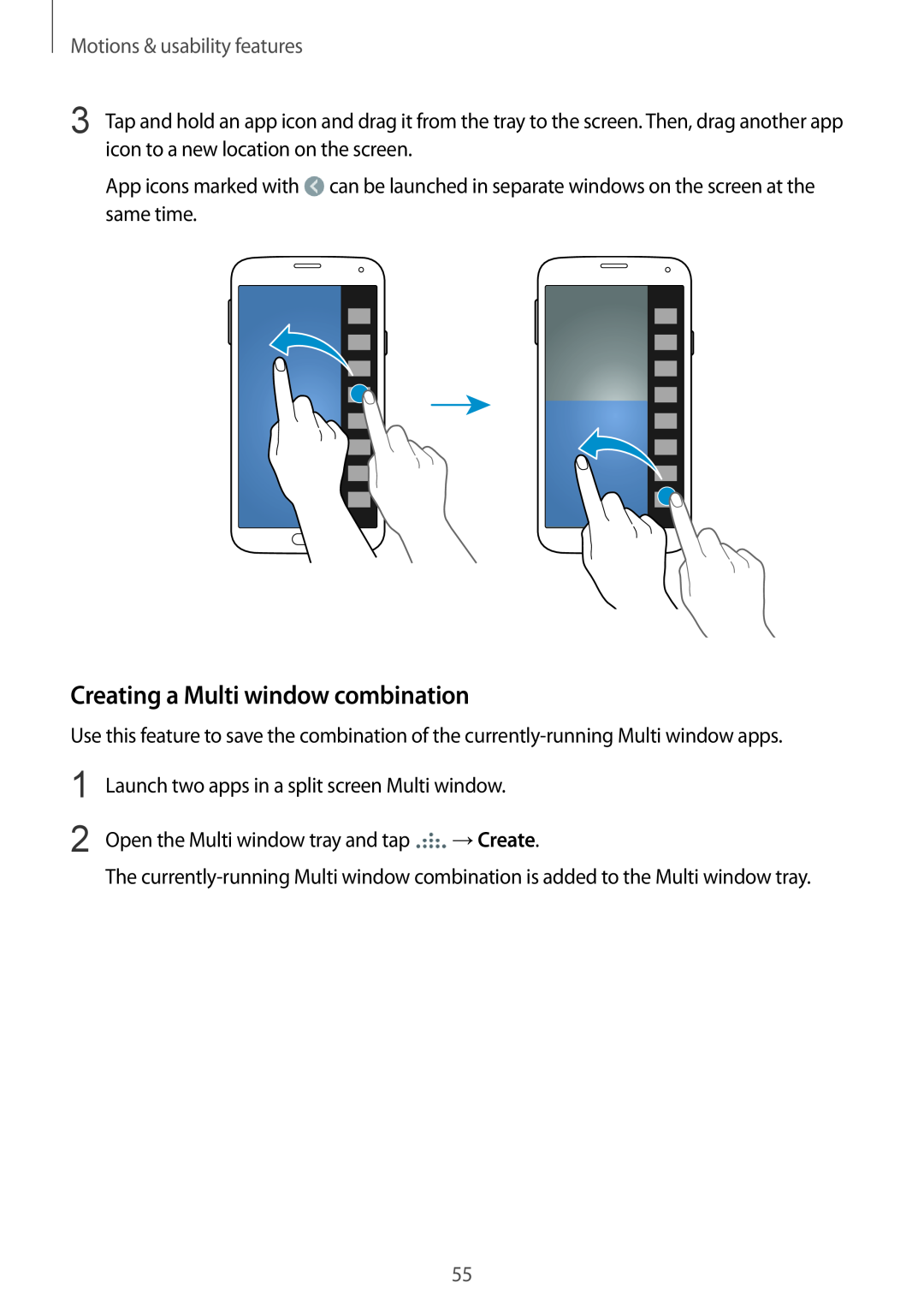 Samsung SM-G901FZWACOS, SM-G901FZKACOS, SM-G901FZDABAL Creating a Multi window combination, Motions & usability features 
