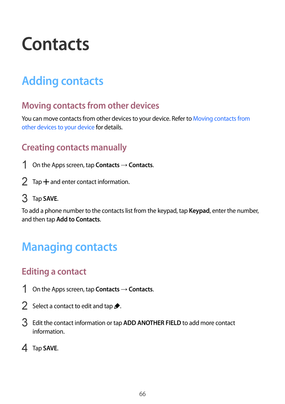 Samsung SM-G901FZKADBT Contacts, Adding contacts, Managing contacts, Moving contacts from other devices, Editing a contact 