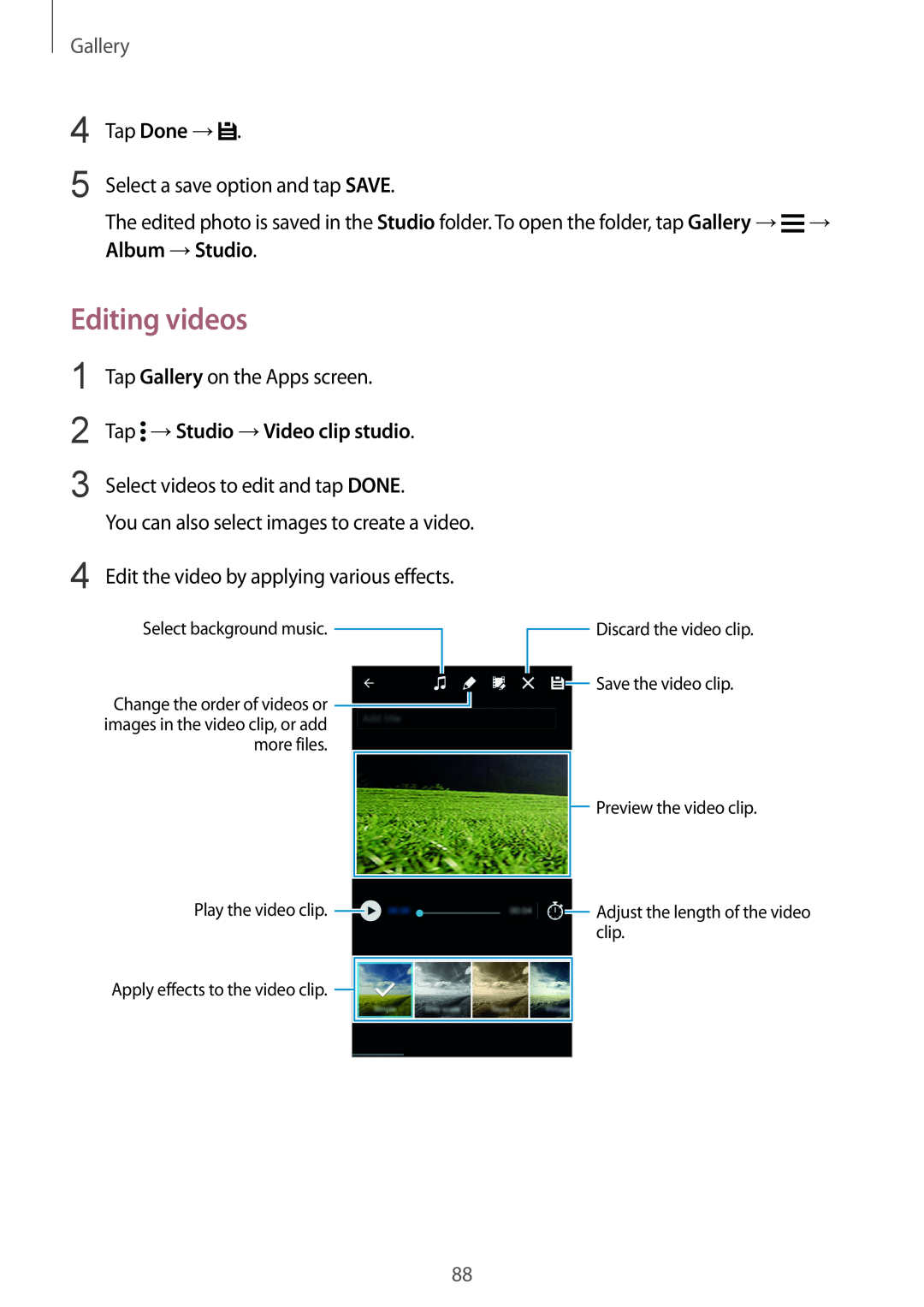 Samsung SM-G901FZKAVGR, SM-G901FZKACOS, SM-G901FZDABAL manual Editing videos, Tap →Studio →Video clip studio, Gallery 