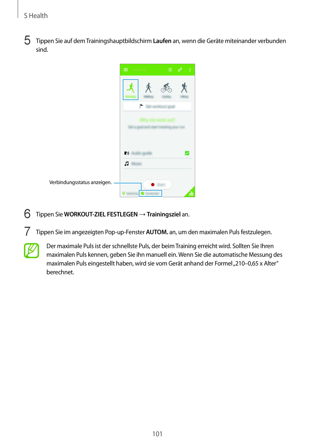 Samsung SM-G901FZKABOG manual S Health, Tippen Sie WORKOUT-ZIEL FESTLEGEN →Trainingsziel an, Verbindungsstatus anzeigen 